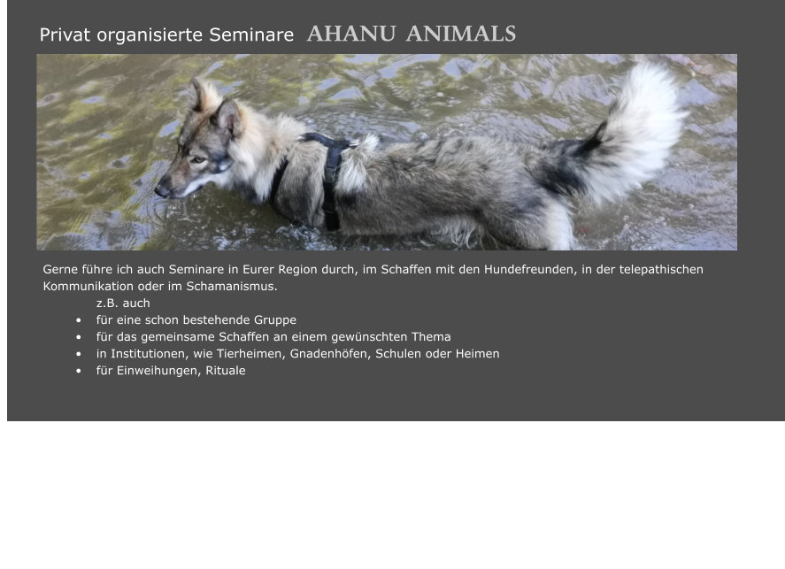 Gerne führe ich auch Seminare in Eurer Region durch, im Schaffen mit den Hundefreunden, in der telepathischen     	Kommunikation oder im Schamanismus.  z.B. auch •	für eine schon bestehende Gruppe •	für das gemeinsame Schaffen an einem gewünschten Thema •	in Institutionen, wie Tierheimen, Gnadenhöfen, Schulen oder Heimen •	für Einweihungen, Rituale   	  		 		   	  	         Privat organisierte Seminare  AHANU     ANIMALS